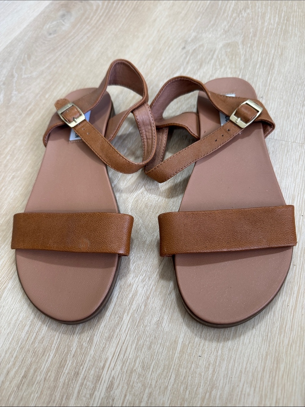Steve Madden Tan Brown Leather Ankle-Strap Sandals
